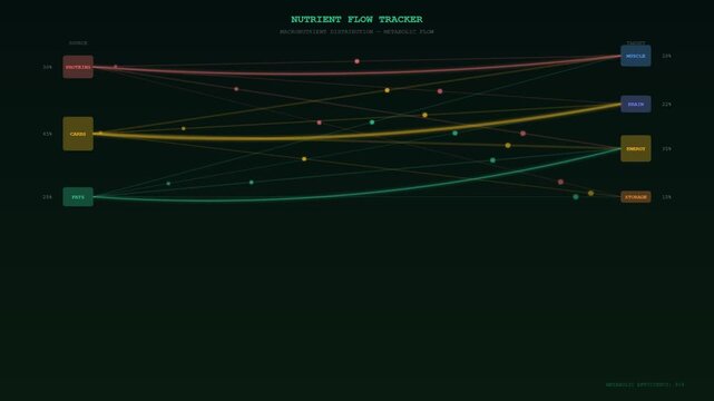 Advanced Human Wellbeing Monitoring interface displaying intricate biometric nutrient flow paths and data synchronization patterns on a dark futuristic digital dashboard for healthcare analysis