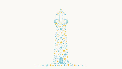 Fototapeta premium Star-Mosaic Lighthouse Silhouette Artwork on a Clean Off-White Background, Minimalist Nautical Composition Using Blue and Golden Yellow Stars to Form a Coastal Beacon Shape