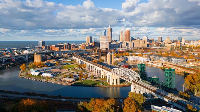 Panorama of city skyline in the fall with colorful foliage