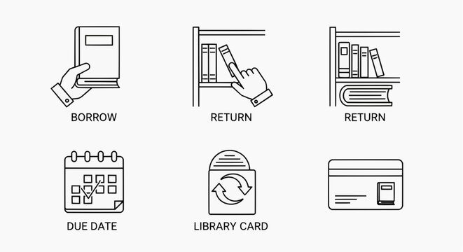 A collection of clean, minimalist linear icons illustrating various essential library services and operational processes, ideal for user interface design and educational content