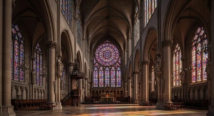 Fototapeta premium Gothic cathedral interior with stained glass windows