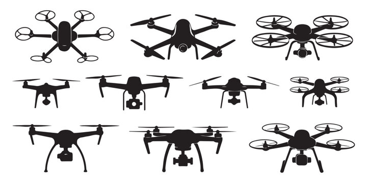 Professional uav silhouettes set including hexacopter and quadcopter models with advanced camera mounting systems.