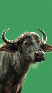 Close-up portrait of a bull with curved horns against a solid green background.