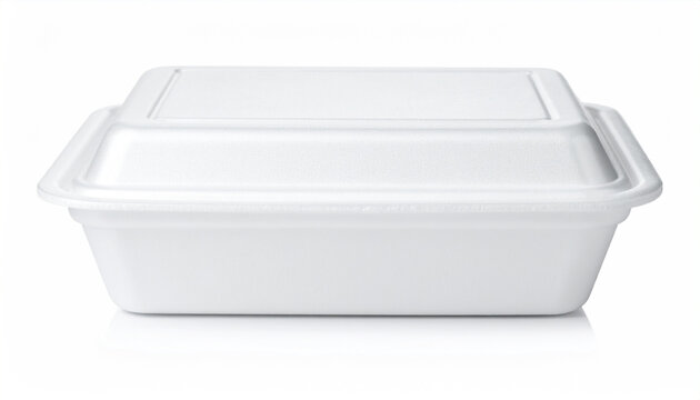Front view of a white rectangular disposable food takeaway container on a white background