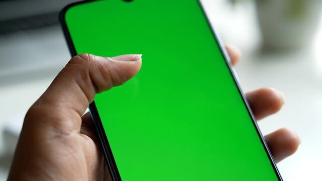 A person's hand holding a modern smartphone with a vibrant green screen, ready for custom content or chroma key effects.