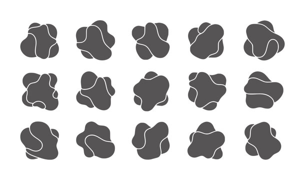 Fifteen dark grey amorphous shapes with white outlines white abstract organic fluid