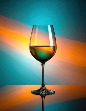 A wine glass filled with amber liquid reflects on a glossy surface against a colorful gradient blue and orange background.