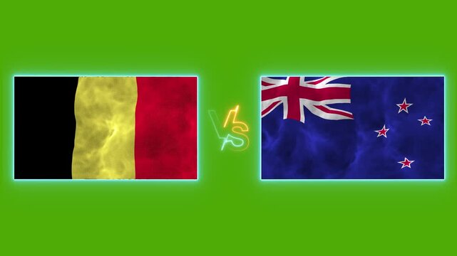 4K Belgium vs New Zealand Flags Waving for 2026 World Football Tournament. 