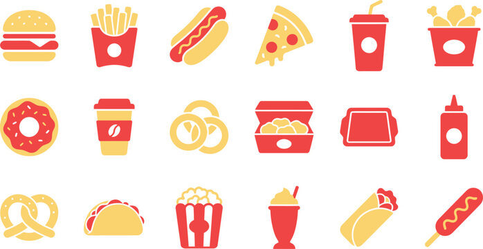 Colorful icons of various fast food items and snacks on a white background
