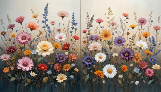 A vibrant collection of colorful wildflowers in full bloom with various shapes and sizes against a soft, light background.