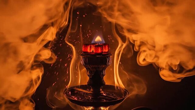 A close-up shot of a smoking apparatus with a burning ember and swirling vapor effect
