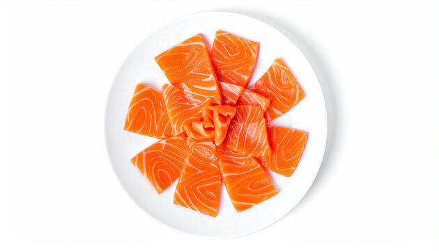 Sliced raw salmon pieces fanned out on a white plate overhead view