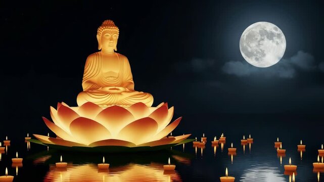 Serene Buddha Statue Sits On Glowing Lotus Flower Candles Float On Water With Full Moon In The Night Sky In The Background For Meditation Peaceful Visuals