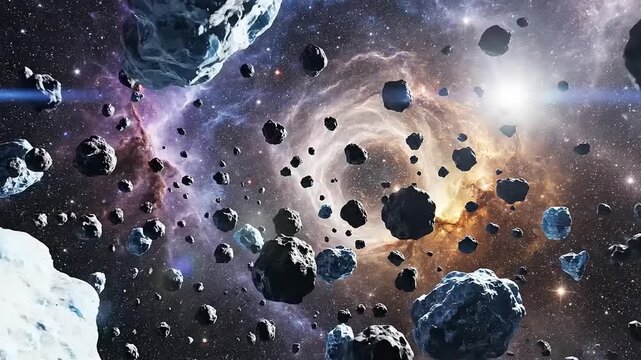 A stunning image of an asteroid belt with various rocky celestial bodies floating in space