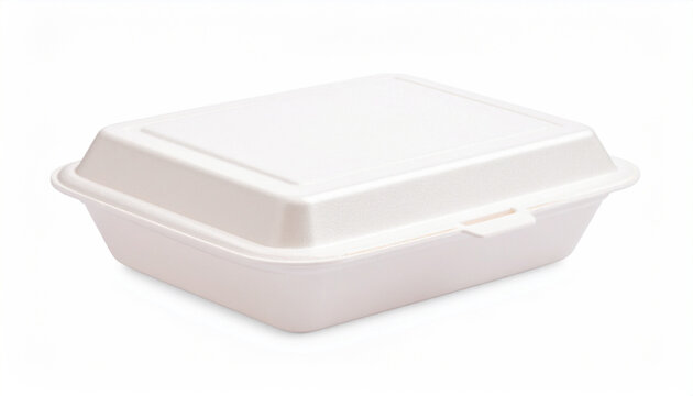 White rectangular disposable takeout food container with hinged lid closed