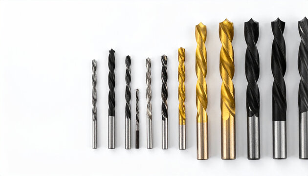 Assorted drill bits of varying sizes and finishes displayed on a white surface with copy space