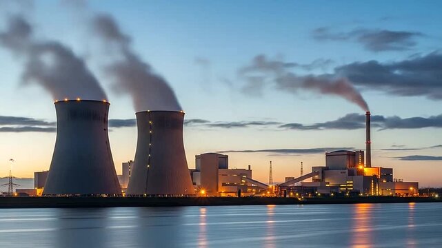A large industrial facility with cooling towers and smokestacks at dusk with water reflection