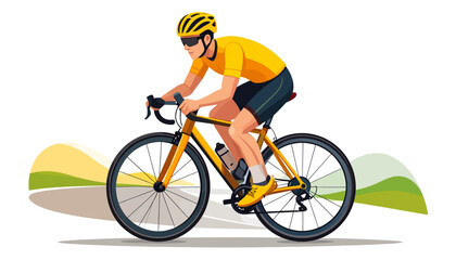 Fototapeta premium Cyclist in Yellow Gear Riding a Bicycle on a Winding Road with Rolling Hills in the Background