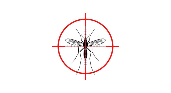Graphic illustration of a mosquito centered within a red target, symbolizing pest control, insect eradication, and public health efforts against vector-borne diseases