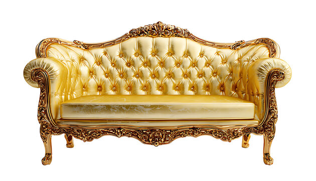 The ornate gold sofa sits in a room with elegant furniture and decor.