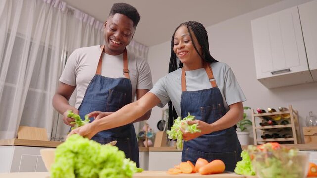 African American couple cooking healthy foods in cozy kitchen at home. 