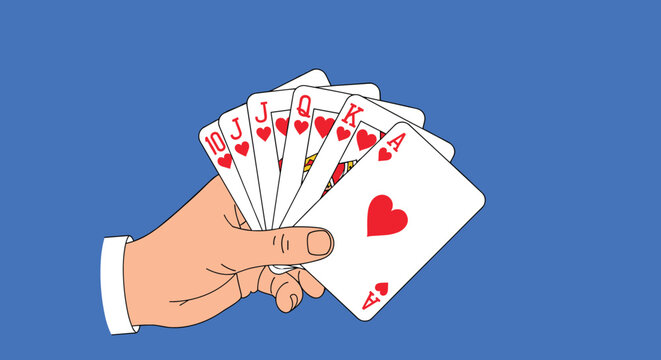 Hand holds a set of heart suit playing cards forming a royal flush as a winning combination for a high stakes poker game or casino bet.