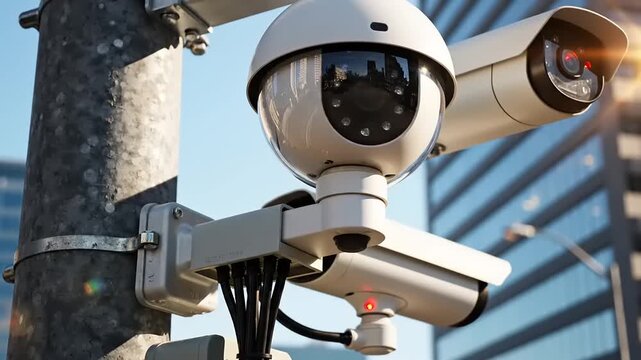 A row of security cameras mounted on a pole monitoring urban surroundings