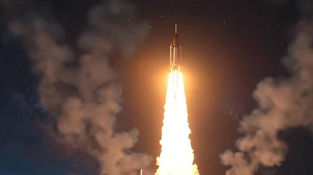 A large rocket launches into the night sky, leaving a trail of smoke and fire behind it