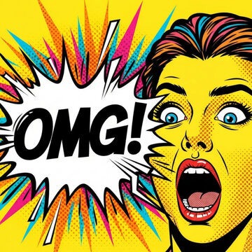 Pop Art Meme Style &ldquo;OMG!&rdquo; Exaggerated Reaction Burst Vector Illustration, Comic Explosion Expression Design