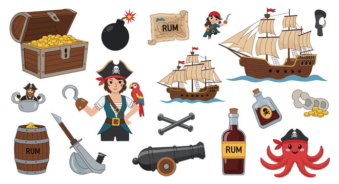 Large collection of pirate themed cartoon elements including ships treasure chests rum bottles parrot and Jolly Roger symbols.