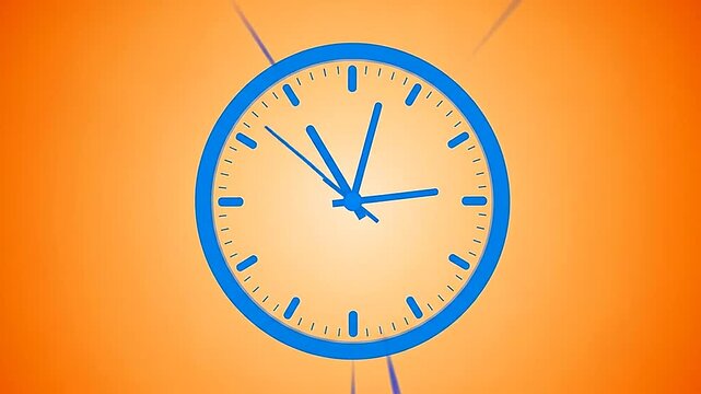 A simple clock with blue hands showing the time on a bright orange background