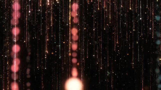Abstract background with glowing particles falling down with a dark backdrop and bokeh effect