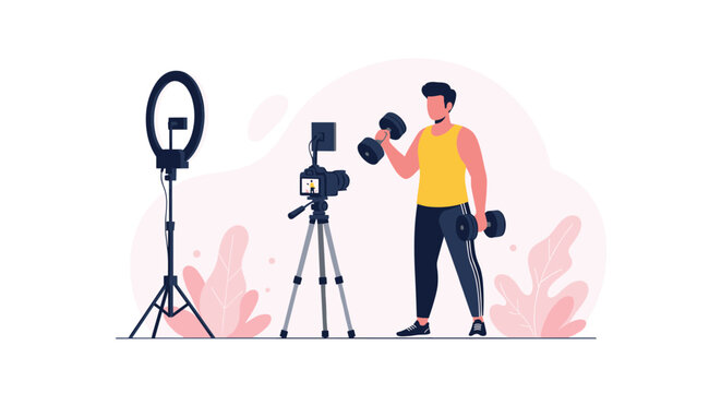 Male fitness blogger recording a workout video with dumbbells while using a professional camera and ring light in a home studio setting.