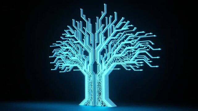 Glowing Digital Tree Comprised Of Circuit Board Pathways In Dark Environment Concept For Technology Artificial Intelligence Network Visualization Can Be Used For Presentations Stock
