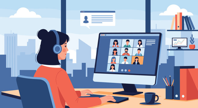 Young woman with headphones participating in an online video conference meeting with multiple colleagues on her computer screen from home.