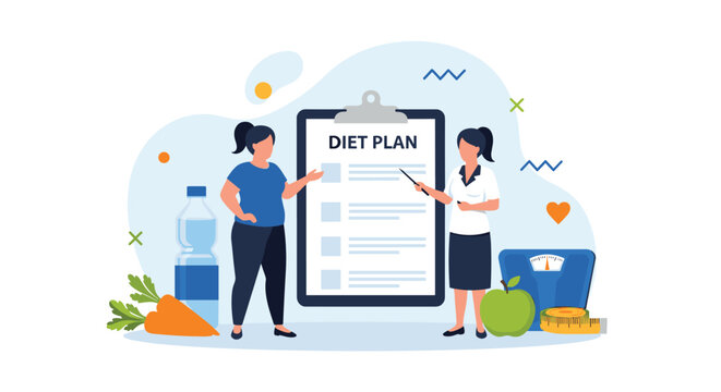 Professional nutritionist pointing at a diet plan on a clipboard while consulting a female client about healthy eating and weight management.