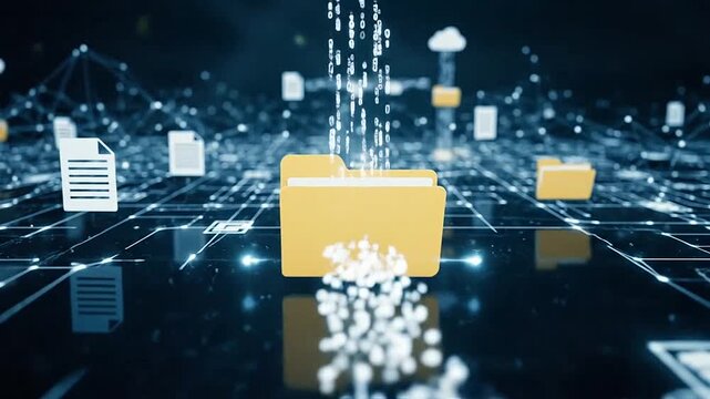 Digital cloud computing concept with folders and documents transferring data online to the cloud