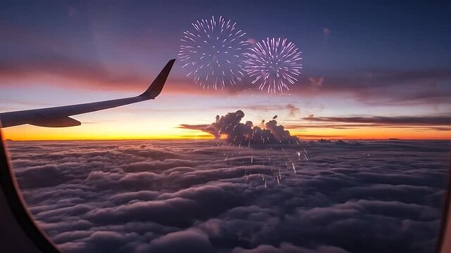 A beautiful view of fireworks exploding in the sky from an airplane window at sunset