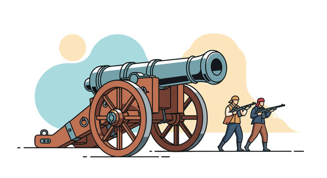 Historical military scene featuring a large heavy cannon on wheels and two soldiers armed with rifles standing on the battlefield illustration.