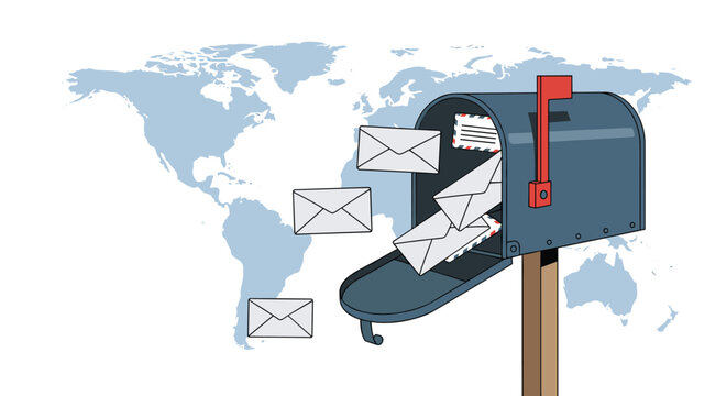 Envelopes fly out of an open blue mailbox against a world map background, illustrating global communication and international postal delivery.
