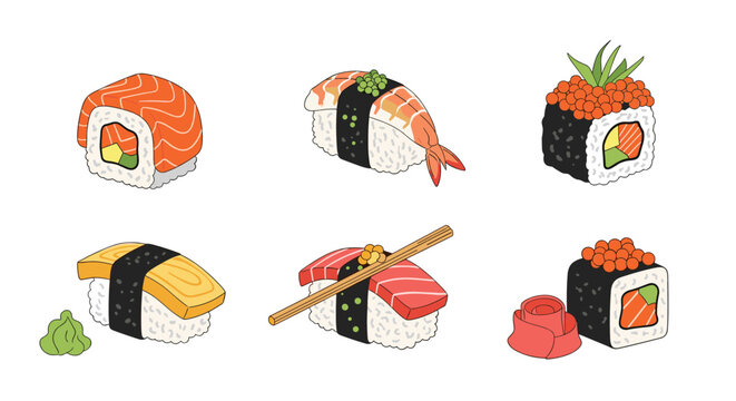 Assorted sushi collection featuring nigiri and maki rolls with salmon, tuna, and roe served alongside fresh green wasabi and pickled ginger.