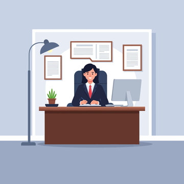 Vector illustration of a professional female school principal or executive sitting at a large wooden desk in a modern office, featuring a computer, desk lamp, plant, and wall diplomas.
