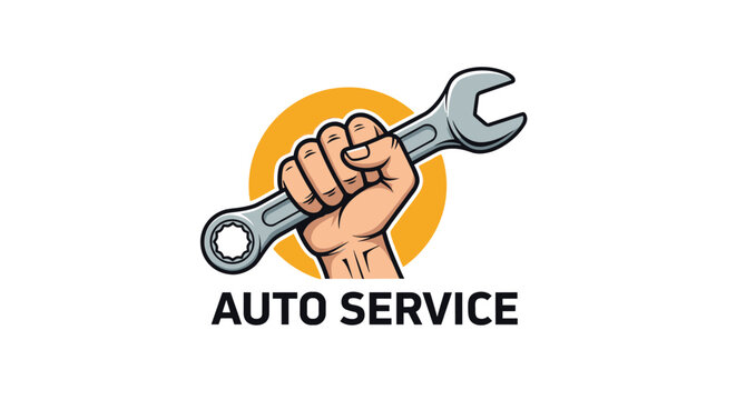 Hand holds a large silver wrench firmly over a yellow circle with the words auto service written clearly below for professional garage themes.