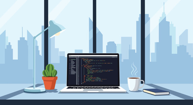 Developer workspace shows a laptop with lines of code on the screen, a cup of hot coffee, and a small cactus with a city skyline background.