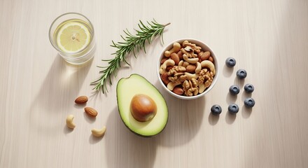 Fototapeta premium Healthy food arrangement featuring avocado nuts blueberries rosemary and a refreshing drink on a light surface.
