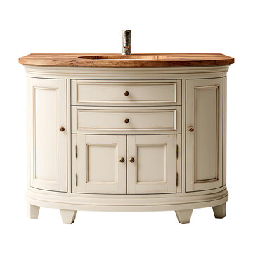 A cream-colored bathroom vanity with wooden top and silver faucet