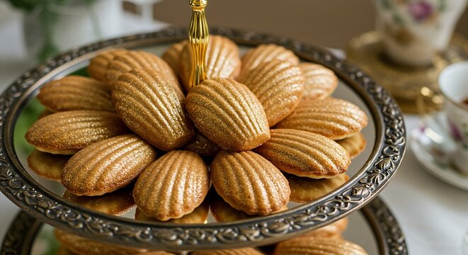 A display of glittering gold-dusted madeleines arranged in a delicate fan pattern, on a tiered ornate vintage mirror serving tray. Perfect for a luxury event or golden anniversary tea. Shot with elega