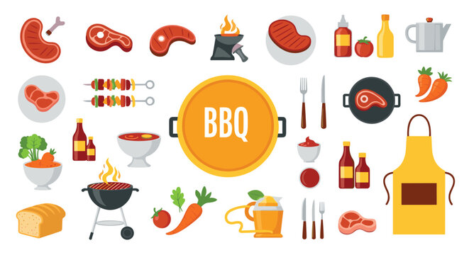 Large set of flat design barbecue icons featuring various meats, grilling tools, vegetables, condiments, and essential outdoor cooking equipment.