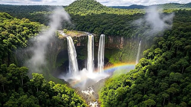 A beautiful natural waterfall cascades down a rocky cliff into a lush, green forest area