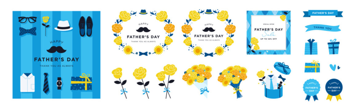 父の日の装飾フレームとギフトモチーフのベクターイラストセット